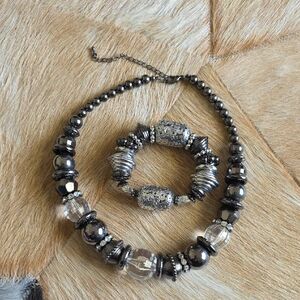 Pewter And SilverBeaded Necklace and Bracelet Set- NWOT